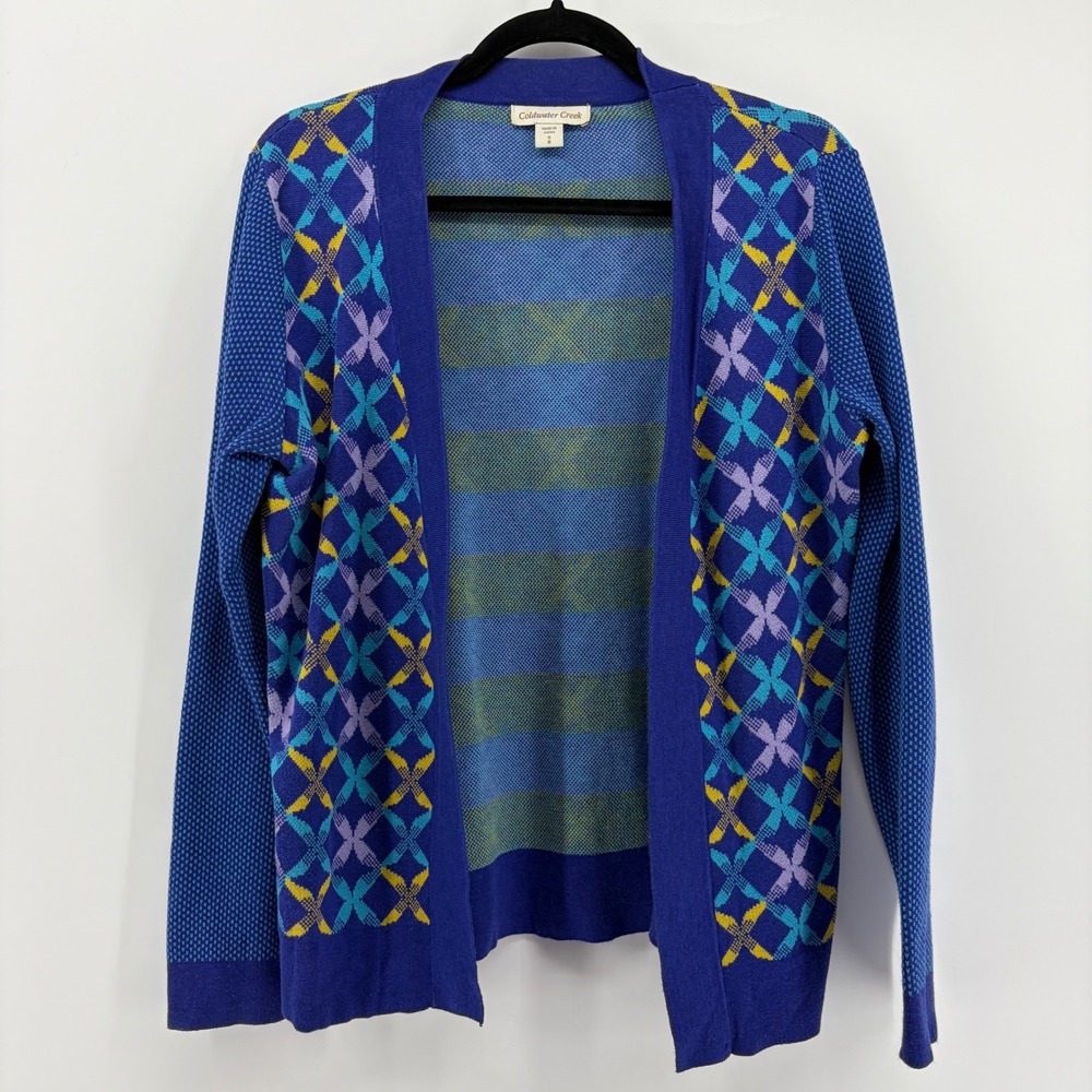 Coldwater Creek Geometric Cardigan Sweater Blue Purple Yellow Women's Size S